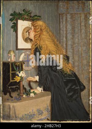 Mon Brave, William John Hennessy, cuisine américaine, 1839-1917, huile à bord,1870, 11 15/16 x 8 15/16 po, 30,4 x 22,7 cm, 1870, Noir, robe noire, cheveux blond,Blond, noeuds, boucles, commode, figurine féminine,Fleurs, cheveux, intérieur, baiser, amour,Huile à bord, peinture, sanctuaire, debout, femme Banque D'Images