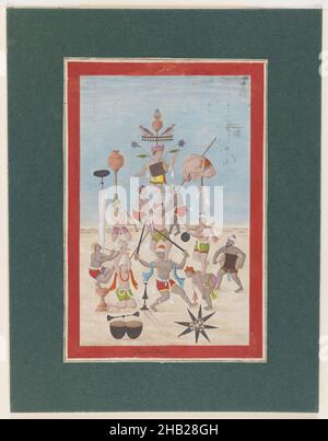 Peinture miniature, aquarelle sur papier, Lucknow, Uttar Pradesh, Inde,env.1810, 7 1/4 x 4 5/8 po, 18,4 x 11,7 cm, athlectique, danse, batteur, flûte,musiciens, spectacle, danse au sabre Banque D'Images