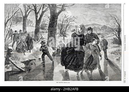 La saison de patinage---1862, Winslow Homer, cuisine américaine, 1836-1910, gravure de bois,1862, image : 9 1/8 x 13 3/4 po, 23,2 x 34,9 cm, 1862, Guerre civile, patinage sur glace, Winslow Homer,hiver Banque D'Images