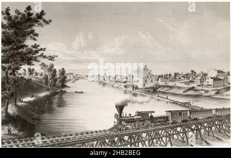 Watertown, Wisconsin, de Milwaukee et Western Railroad Bridge, Louis Kurz, américain, 1834-1921, Lithographie sur papier vélin, ca.1857, 14 3/16 x 22 1/8 po, 36 x 56,2 cm Banque D'Images