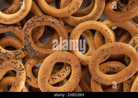 fond de coquelicot bagels, vue de dessus, concept de boulangerie alimentaire Banque D'Images