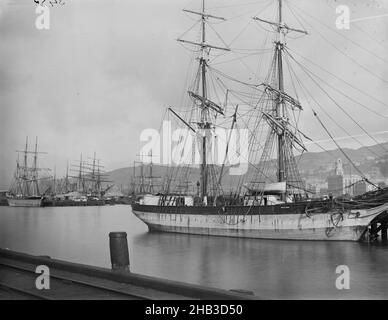 [Wellington from Wharf], studio Burton Brothers, studio de photographie, 1880s, Dunedin,Préparation de plaques sèches en gélatine, navire à voile au quai Wild Wave.Bâtiment de poste et tour d'horloge en arrière-plan Banque D'Images