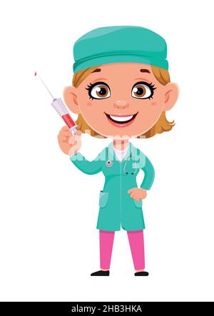 Médecin femme personnage de dessin animé.Belle femme médecin tenant la seringue.Illustration vectorielle sur fond blanc Illustration de Vecteur