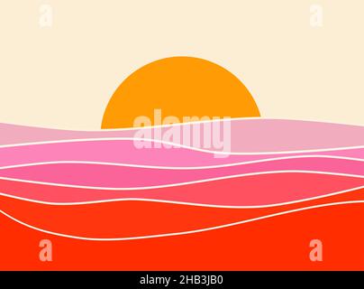Rétro résumé coucher de soleil paysage style années 70 mi-siècle moderne design graphique, rose et rouge vintage illustration, coloré minimal Art déco gradient St Banque D'Images