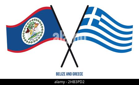 Belize et Grèce drapeaux croisés et ondulant le style plat. Proportion officielle. Corriger les couleurs. Illustration de Vecteur