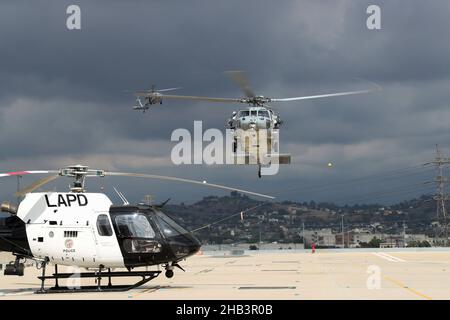 211023-N-OP825-1023 LOS ANGELES (NOV23, 2021) un hélicoptère MH-60s Knighthawk de l'escadron de combat en mer (HSC) 23 « Wildcards » pour un atterrissage lors d'un vol d'entraînement tactique au service de police de Los Angeles Hooper Heliport à l'appui des exercices du Programme de préparation avancée des hélicoptères (HARP), novembre 23.(É.-U.Photo marine par Spécialiste des communications de masse 3rd classe Erica Higa) Banque D'Images