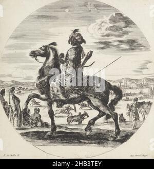 Horseman noir, Stefano della Bella, artiste, vers 1651, gravure,Né à Florence en 1610, Stefano della Bella a commencé sa carrière dans le studio d'un orfèvre, mais en dehors de cet apprentissage précoce, il a été fondamentalement autodidacte.Avant l'âge de vingt ans, il s'était allié avec le puissant tribunal de Médicis, qui lui a fourni le patronage tout au long de sa carrière.Avec le soutien des Médicis, en 1633, della Bella se rend à Rome où il reste jusqu'en 1639.Il a déjà montré une gamme très diversifiée ainsi que les compétences de dessin les plus élevées. Banque D'Images