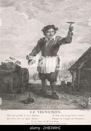 Le Vigneron (vigneron), Jean-Charles Levasseur, , 1749-1797, France,Gravure, cette gravure est d'après une peinture de l'artiste flamand David Teniers le plus jeune (1610-90), puis dans l'impressionnante collection de Gilbert-Antoine Ligier de la Prade, à Paris.Les téniers étaient célèbres pour ses représentations lumineuses - et souvent humoristiques - de la paysannerie locale.L'un de ces, et certainement mieux que la plupart, est ce vigneron heureux, qui élève son verre de style Martini au spectateur, avec une bouteille de squat de la dernière millésime dans son autre main Banque D'Images