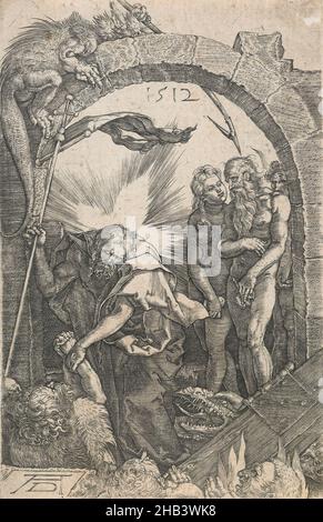 Hersage de l'Enfer.(Copie inversée après le 'haravan de l'Enfer' d'Albrecht Dürer de 'la passion gravée'.), Unknown, graveur (graveur), après 1512, gravure,La passion gravée (1507-1512) est l'une des quatre grandes séries d'estampes religieuses réalisées par Albrecht Dürer, et a contribué à établir sa réputation d'impressioneur remarquable de la Renaissance.Les autres étaient la série de la vie de la Vierge, de la Grande passion et de la petite passion, toutes publiées en 1511.La passion gravée se compose de quinze gravures à petite échelle et raconte l'histoire de la trahison du Christ par Judas Banque D'Images
