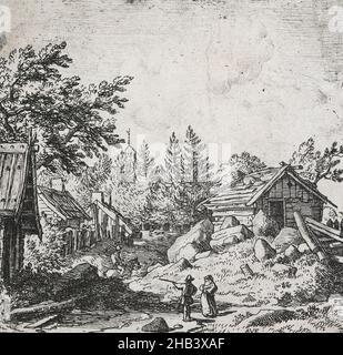 Le hameau sur terrain montagneux., Allart van Everdingen, artiste, mi-17th siècle, gravure,Le peintre et graveur néerlandais Allart/Allaert van Everdingen (1621-1675) est né à Alkmaar et aurait été élève de Roelandt Savery à Utrecht et de Pieter de Molyn à Haarlem.En 1644–5, il a visité la Scandinavie, où, surtout après sa visite en Norvège, il a développé un goût pour des sujets inspirés par le paysage, surtout les torrents de montagne, et a contribué à populariser ces thèmes aux pays-Bas. Banque D'Images