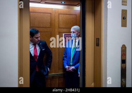 Washington DC, États-Unis.16th décembre 2021.Le sénateur américain Marco Rubio (républicain de Floride), à gauche, et le sénateur américain Rob Portman (républicain de l'Ohio) sont à bord d'un ascenseur dans le sous-sol du Capitole des États-Unis lors d'un vote à Washington, DC, le jeudi 16 décembre 2021.Crédit: Rod Lamkey/CNP/MediaPunch crédit: MediaPunch Inc/Alay Live News Banque D'Images