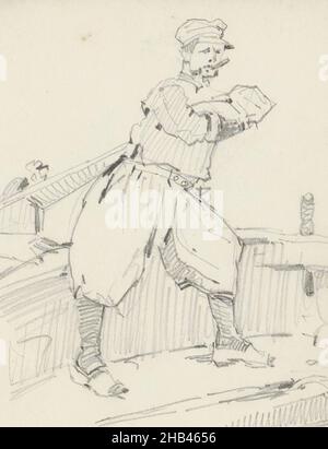 L'homme est debout sur l'arc d'un navire avec un cigare dans sa bouche.Feuille 42 recto d'un carnet de croquis de 86 pages, Skipper de Marken., dessinateur: Alfred William Rich, Marken, c.1892 - c.1893, Alfred William Rich, c.1892 - c.1893 Banque D'Images