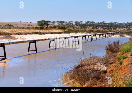 Pipe d'eau de fond sur des peuplements traversant le lac salé, Wongan Hills, Australie occidentale Banque D'Images