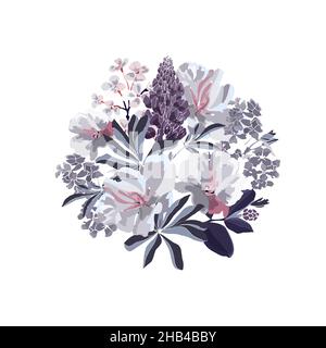 Illustration florale vectorielle.Un bouquet de fleurs aux couleurs gris-blanc et lilas sur fond blanc. Illustration de Vecteur