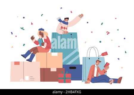 Les gens aiment faire des achats en ligne dans un modèle d'illustration plate.Hommes et femme en hiver appréciant les achats en ligne sur Double Eleven grande vente en utilisant mobile Illustration de Vecteur