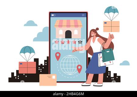 Noter la boutique en ligne sur l'application d'achat dans une illustration plate.Une femme qui a accordé 4 étoiles sur 5 à un magasin sur une application de magasinage avec parachu Illustration de Vecteur