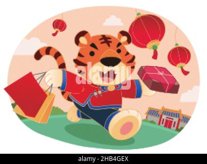 Joli tigre en costume chinois traditionnel courant à l'extérieur avec des sacs de cadeau et de shopping et des lanternes volantes dans le ciel.Illustration plate, c Illustration de Vecteur