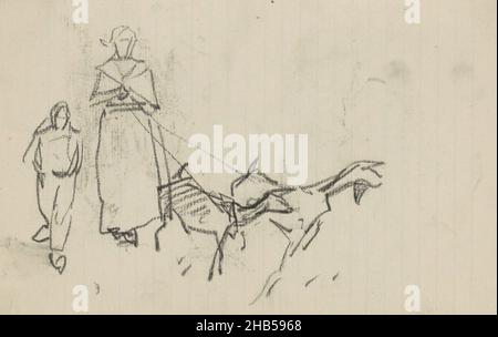 La femme porte une casquette de fermier et a les chèvres sur une corde.À côté d'elle est un enfant.Page 50 d'un carnet de 26 pages, femme à la course avec deux chèvres., dessinateur: Marius Bauer, 1881 - c.1885, Marius Bauer, 1881 - c.1885 Banque D'Images