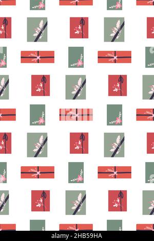 Scénario de vacances naïves sans couture vector avec des paquets de hygge et paquet avec des décorations de plantes sur fond blanc.Texture avec boîtes-cadeaux clairsemées haut v Illustration de Vecteur
