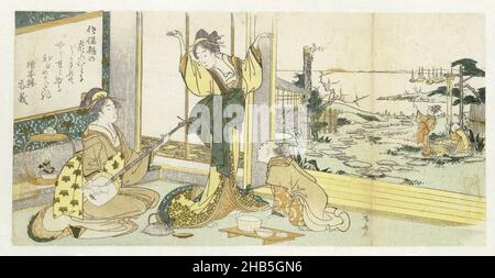 Courtesan dansant, courtesan dansant à la musique d'un shamisen (instrument à cordes japonais) joué par une femme assise.À droite, un jeune homme.Par la fenêtre ouverte une vue sur le jardin.Avec un poème., imprimeur: Ryûryûkyo Shinsai (mentionné sur l'objet), Zôhonrô Nomiyoshi (mentionné sur l'objet), Japon, 1807, papier japonais (papier fait à la main), coupe de bois de couleur, hauteur 138 mm × largeur 275 mm Banque D'Images