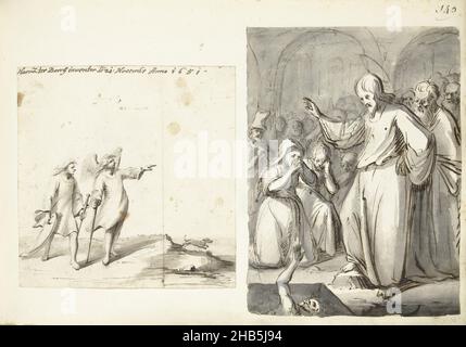 Tobias and the Angel, Revival of Lazarus, deux dessins collés côte à côte sur une feuille., rapporteur pour avis: Harmen ter Borch, rapporteur pour avis: Moses ter Borch, Zwolle, 1651, papier, encre,brosse, stylo, hauteur 243 mm × largeur 360 mm Banque D'Images