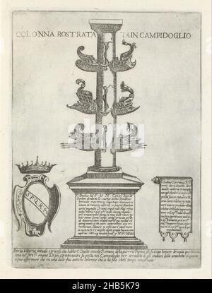 Colonna rostrata, Colonna rostrata à Campidoglio (titre sur objet), monuments et structures modernes et anciens à Rome (titre de série), Ornamenti di fabriche antichi et moderni dell' alma citta di Roma (titre de série), Une colonna rostrata (colonne de victoire) commémorant une bataille navale gagnée.Texte en italien sous l'image.L'imprimé fait partie d'un album., imprimeur: Giovanni Maggi, dessinateur intermédiaire: Giovanni Maggi, imprimeur: Rome, dessinateur intermédiaire: Rome, éditeur: Italie, Vaticaanstad,Italie, Rome, 1576 - 1618 et/ou 1600, papier, gravure, hauteur 218 mm × largeur 148 mm Banque D'Images