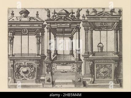 Trois puits rectangulaires côte à côte, puits d'eau (titre de la série), trois puits rectangulaires, décorés de scrollwork, de cartouris et de mascarons.Aux coins des puits se trouvent des colonnes soutenant une canopée.L'imprimé fait partie d'un album., imprimeur: Johannes de Lucas van Doetechum, Hans Vredeman de Vries, Anvers, c.1574, papier, gravure, hauteur 144 mm × largeur 205 mm Banque D'Images