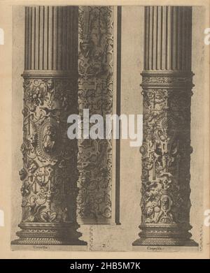 Deux 'columnae caelata', dans l'ordre composite et corinthien, Das ander Buech gemacht auff die zway Colonnen, Corinthia und Composita (titre de la série), deux 'columnae caelata': La moitié inférieure d'une colonne Corinthienne et composite, décorée avec des rouleaux, des accessoires et des grotesques.Derrière la colonne de gauche, une partie d'un pilier lambrissé avec quincaillerie, mascarons et guirlandes est visible.L'impression comporte deux repères d'échelle.L'imprimé fait partie d'un album., imprimerie: Johannes de Lucas van Doetechum, Hans Vredeman de Vries, Anvers, 1565, papier, gravure,hauteur 300 mm × largeur 234 mm Banque D'Images