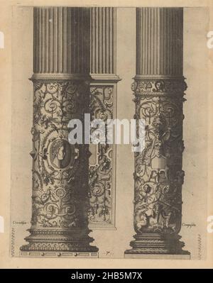 Deux 'columnae caelata', dans l'ordre Corinthien et composite, Das ander Buech gemacht auff die zway Colonnen, Corinthia und Composita (titre de la série), deux 'columnae caelatae dans l'ordre Corinthien et composite, décorés de grotesques, de guirlandes et de vignes feuillues.Sur la colonne de gauche, il y a un ovale au centre avec une tête mâle en forme de couronne.Sur la colonne de droite se trouve une figure femelle piégée dans le matériel de fixation.En bas sont deux centaures.Derrière la colonne de gauche, une partie d'un pilaster cannelé est visible.L'impression comporte deux repères d'échelle.L'imprimé fait partie d'un album., imprimeur: Johannes of Banque D'Images