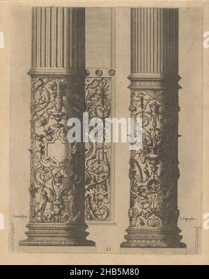 Deux 'columnae caelata', dans l'ordre Corinthien et composite, Das ander Buech gemacht auff die zway Colonnen, Corinthia und Composita (titre de la série), deux 'columnae caelata', décorés de grotesques.Sur la moitié inférieure de la colonne Corinthienne, deux enfants sur les lions se tiennent de chaque côté d'un vase.Au-dessus d'eux une cartouche et au sommet un panier avec des fruits.Dans la colonne de droite de l'ordre composite, deux putti émergent des calyxes floraux au fond, au-dessus d'eux un vase avec des fruits et au-dessus un mascaron.L'impression comporte deux repères d'échelle.L'impression fait partie d'un album., Print Maker Banque D'Images