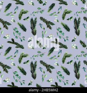 Motif hivernal sans couture avec branche de sapin, eucalyptus bleu bébé et fraise de neige sur fond gris.Carreau de Noël aquarelle.Motif de saison pour le textile, Banque D'Images