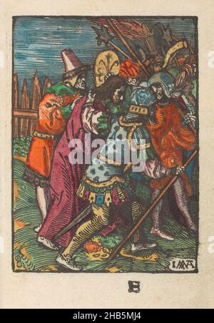 Capture, la petite passion (titre de la série), la passion stupide (titre de la série), le Christ est capturé et pris par les soldats.Marqué en bas: F. Print fait partie d'un livre., imprimeur: Jacob Cornelisz van Oostsanen (mentionné sur l'objet), éditeur: Doen Pietersz., Amsterdam, 1520 - 1521 et/ou c.1530, papier, hauteur 111 mm × largeur 81 mm hauteur 159 mm × largeur 102 mm Banque D'Images