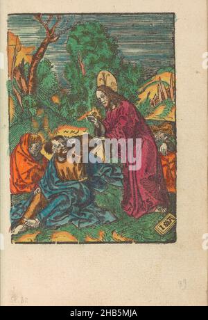 Le Christ réveille les disciples endormis, la petite passion (titre de la série), la passion stupide (titre de la série), le Christ trouve Pierre, Jean et Andrew dormant dans le jardin de Gethsemane, quand il leur avait demandé de regarder avec lui.Peter se frotte les yeux.L'imprimé fait partie d'un livre., imprimeur: Jacob Cornelisz van Oostsanen (mentionné sur l'objet), éditeur: Doen Pietersz., Amsterdam, 1520 - 1521 et/ou c.1530, papier, hauteur 111 mm × largeur 82 mm hauteur 159 mm × largeur 102 mm Banque D'Images