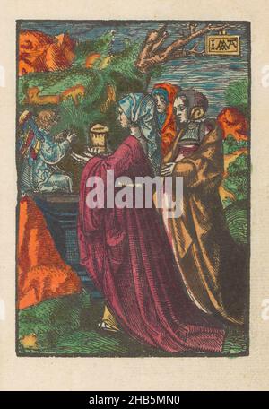 Les femmes saintes à la tombe, la petite passion (titre de la série), la passion stupide (titre de la série), les trois femmes saintes ou Marys arrivent à la tombe du Christ pour tendre à son corps.Le tombeau est vide et ils rencontrent un ange qui leur dit que le Christ est ressuscité.L'imprimé fait partie d'un livre., imprimeur: Jacob Cornelisz van Oostsanen (mentionné sur l'objet), éditeur: Doen Pietersz., Amsterdam, 1520 - 1521 et/ou c.1530, papier, hauteur 111 mm × largeur 78 mm hauteur 159 mm × largeur 101 mm Banque D'Images