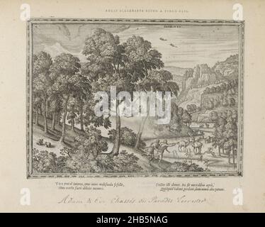 Expulsion du Paradis, Aldest sceleribus ultor a tergo deus (titre sur objet), Emblemata Sacra è praecipuis utriusque teementi historiis concinnata (ancien Testament) (titre de la série), imagines et figurae biblioum (titre de la série), un ange avec une épée flamboyante expulse Adam et Eve du Paradis.Adam et Eve sont vêtus de peaux d'animaux et courent en bas d'une colline avec des arbres (Genèse3:24).Divers animaux sont représentés dans le paysage.Avec une devise en latin au-dessus de l'image et une légende à quatre lignes en latin au-dessous de l'impression.L'imprimé fait partie d'un album., imprimeur: Pieter van der Borcht (I) (mentionné ci-dessus Banque D'Images