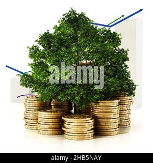 Arbre et pile de pièces d'or contre graphique de vente.3D illustration. Banque D'Images