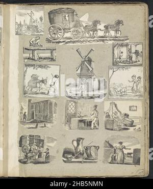 Page d'album avec diverses représentations, page d'album avec 13 représentations découpées de tirages principalement folkloriques, y compris d'un navire, d'une charrette et de divers métiers et artisans., imprimerie: Alexander Cranendoncq (mentionné sur l'objet), Nijmegen, 1814 - 1869, papier, à couper,hauteur 395 mm × largeur 331 mm Banque D'Images