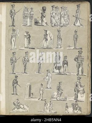 Page d'album avec diverses représentations, page d'album avec 23 représentations découpées de tirages principalement folkloriques, y compris de soldats avec armes et instruments de musique., Imprimeur: Alexander Cranendoncq, Nijmegen, 1814 - 1869, papier, fouetter,hauteur 395 mm × largeur 331 mm Banque D'Images