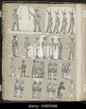 Page d'album avec diverses représentations, page d'album avec 17 représentations découpées de tirages principalement folkloriques, y compris des soldats et une femme qui verse des boissons., Imprimeur: Alexander Cranendoncq, Nijmegen, 1814 - 1869, papier, en-cas,hauteur 395 mm × largeur 331 mm Banque D'Images