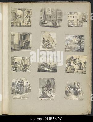 Page de l'album avec diverses représentations, page de l'album avec 12 représentations coupées de tirages principalement folkloriques, y compris d'une classe scolaire, des charpentiers, des soldats et des gens du champ d'exposition.Ci-dessous quelques-unes des images une légende dans la typographie., imprimeur: Alexander Cranendoncq, imprimeur: Inconnu (mentionné sur l'objet), Nijmegen, 1814 - 1869, papier, bouts,impression typographique, hauteur 404 mm × largeur 335 mm Banque D'Images