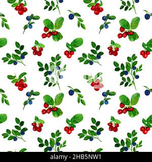 Motif sans coutures canneberges et myrtilles sur fond blanc. Illustration de l'aquarelle dessinée à la main des mûres et des buissons de mûres. Conception de la couverture Banque D'Images