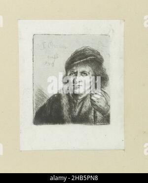 Homme adulte avec chapeau et canne, le travail de compart de John Chalon, oeuvre complète des eaux fortes par Jean Chalon (titre de la série), homme adulte avec chapeau.Sur son épaule droite un manteau.Dans sa main gauche un bâton.L'imprimé fait partie d'un album., imprimeur: Jan Chalon (mentionné sur l'objet), Jan Chalon (mentionné sur l'objet), Londres, 1794 et/ou 1802, papier, gravure,pointe sèche, hauteur 78 mm × largeur 67 mm Banque D'Images