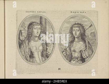 Portraits de Louisa Francisca de Guzman et d'une femme de haut rang inconnue, tous deux en tant que bergers, Lusitana P.P.T.G.A., Boya P.P.(Titre sur objet), les vrais pourtraits de quelques une des plus grandes dames de la chrestiente desguisees en bergères.(Titre de la série), deux représentations sur une feuille d'album.A gauche, le portrait de Louisa Francisca de Guzman comme Lusitana P.P.P.P.P.P.P.G.A.À droite, le portrait d'une femme inconnue de haut rang comme Boya P.P.Les deux femmes ont un personnel de berger entre leurs mains.En arrière-plan des deux arborescences de représentations.Numéro H et 8 en bas. Banque D'Images