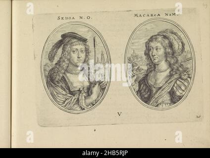 Portraits de deux femmes inconnues, toutes deux bergers, Sedia N.O., Macarea Nam.(Titre sur objet), les vrais pourtraits de quelques une des plus grandes dames de la chrestiente desguisees en bergères.(Titre de la série), deux représentations sur une feuille d'album.Portraits de deux femmes inconnues avec le personnel du berger, comme Sedia N.O. et Macarea Nam.En arrière-plan des deux représentations, une vue sur la ville.Numérotés en bas : V et 20.La feuille fait partie d'un album., imprimerie: Crispijn van de passe (II), éditeur: Crispijn van de passe (II), Amsterdam, 1640, papier, gravure,hauteur 106 mm × largeur Banque D'Images