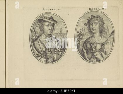 Portraits de deux femmes inconnues, toutes deux bergers, Alutea A., rosea D. (titre sur objet), les vrais pourtraits de quelques unes des plus grandes dames de la chrestiente desguisees en bergères.(Titre de la série), deux représentations sur une feuille d'album.Portraits de deux femmes inconnues, toutes deux avec le personnel du berger, comme Alutea A. et Rosea D. en arrière-plan des deux portraits une vue sur la ville.La feuille fait partie d'un album., imprimerie: Crispijn van de passe (II), éditeur: Crispijn van de passe (II), Amsterdam, 1640, papier, gravure,hauteur 117 mm × largeur 152 mm Banque D'Images