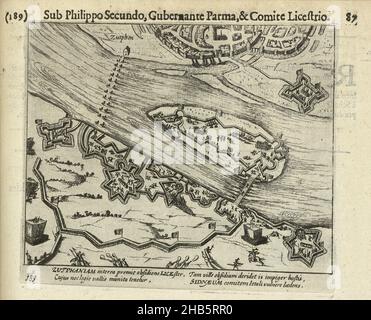 Siège de Zutphen par Leicester, 1586; siège de Zutphen par les troupes du comte de Leicester, septembre et octobre 1586.Vue sur Zutphen et les enchâssements anglais et espagnol le long de l'IJssel.Avec légende de 4 lignes en latin.Numéro 189.Imprimé au verso avec du texte en latin., imprimerie: Simon Frison, éditeur: Michiel Colijn, imprimerie: Pays-Bas du Nord, éditeur: Amsterdam, 1613 - 1615 et/ou 1621 - 1622, papier, gravure, hauteur 137 mm × largeur 159 mm Banque D'Images