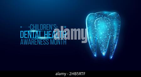 Bannière du mois de la santé dentaire des enfants.Services de dentisterie, traitement des dents, soins, concept de stomatologie.Arrière-plan bleu foncé.Illustration vectorielle. Illustration de Vecteur