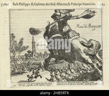 Espagnols défaits par l'armée d'Etat sous Marquette à Mülheim, 1608; Espagnols défaits par l'armée d'Etat sous Marquette à Mülheim, 1608.Au premier plan un cavalier tirant son musket.Avec légende de 4 lignes en latin.Numéroté : 280.Imprimé au verso avec du texte en latin., imprimerie: Simon Frison, éditeur: Michiel Colijn, imprimerie: Pays-Bas du Nord, éditeur: Amsterdam, 1613 - 1615 et/ou 1621 - 1622, papier, gravure, hauteur 134 mm × largeur 160 mm Banque D'Images