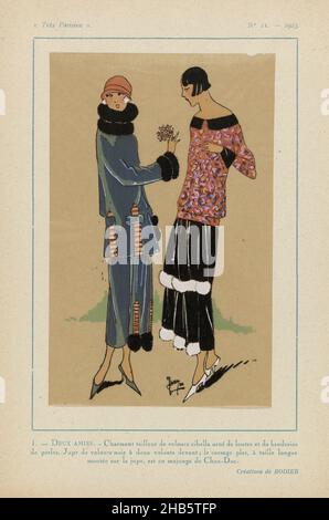 Paris, 1923, No 11: 1 - DEUX AMIES.- Charmant tailleur de velours..., Tailleur (costume) de velours zibella décoré de fourrure de loutre et de perles brodées.Jupe en velours noir avec deux rebonds à l'avant; corsage droit avec taille basse de la 'majunga de Chan-Doc'.Dessins de Rodier.Accessoires: cloche (chapeau de pot), pompes.Imprimé du magazine de mode Très parisien (1920-1936)., Imprimeur: Anonyme, Rodier (mentionné sur l'objet), Paris, 1923, papier, impression typographique,hauteur 269 mm × largeur 180 mm Banque D'Images