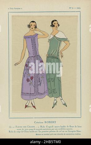 Paris, 1923, No 7: 12.- FLEURS DES CHAMPS.- 1.Robe d organdi..., dessins de Robert.1. Robe d'organdi pourpre, brodée de fleurs en laine, décorée de trois rangées de cordes différentes.2. Robe de crêpe de Chine, brodée de soie.La pélerine supérieure est de georgette blanche.Imprimé du magazine de mode Très parisien (1920-1936)., imprimerie : anonyme, Robert (mentionné sur l'objet), Paris, 1923, papier, impression typographique,hauteur 269 mm × largeur 180 mm Banque D'Images